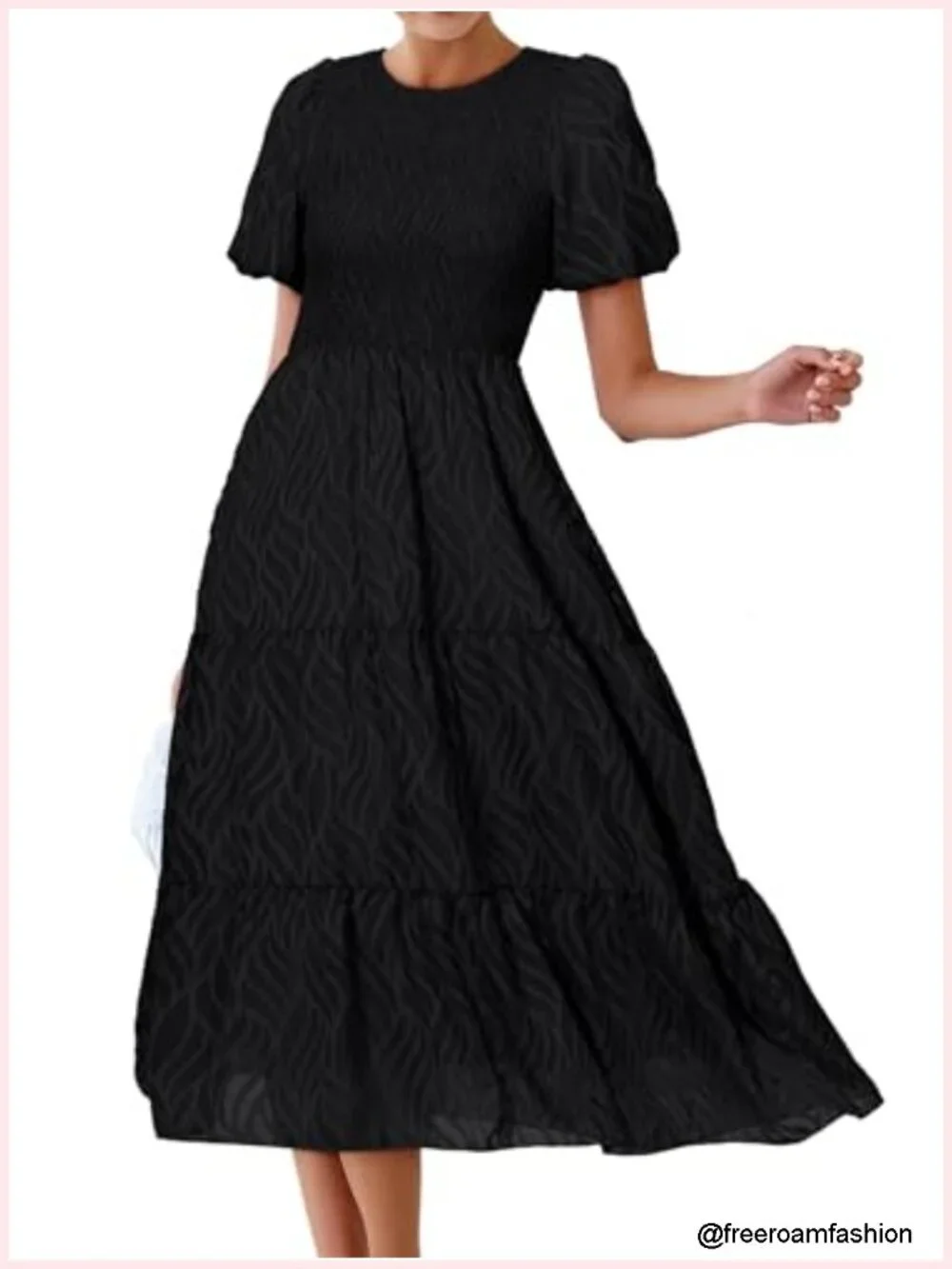 Chiffon Midi Dress Smocked Crewneck A-Line Tiered Short Sleeve